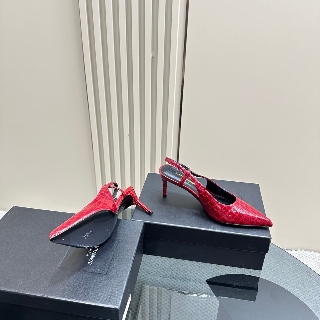 SL TRAPEZE CROCODILE MOTIF SLINGBACK PUMP RED CALFSKIN - 35