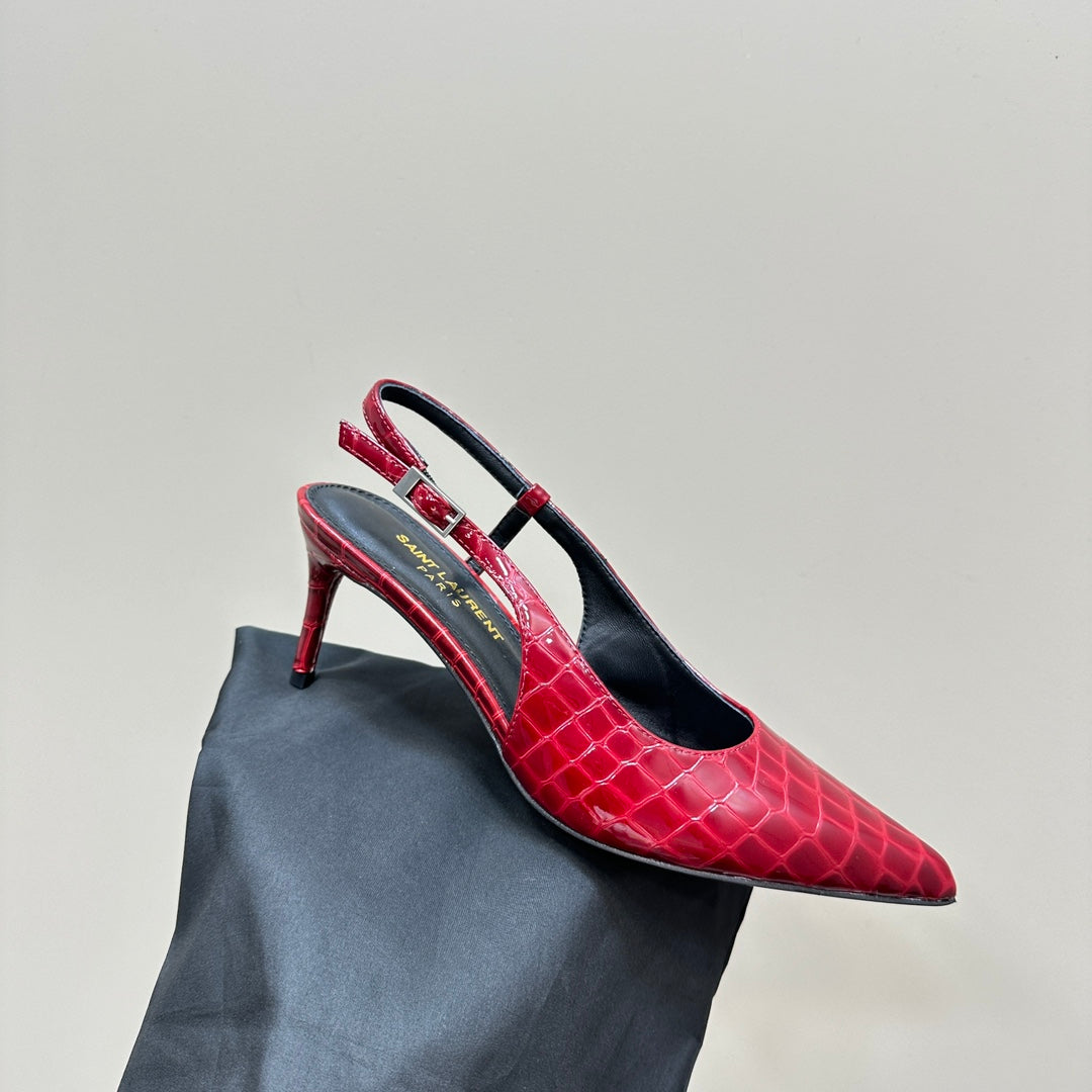 SL TRAPEZE CROCODILE MOTIF SLINGBACK PUMP RED CALFSKIN - 35