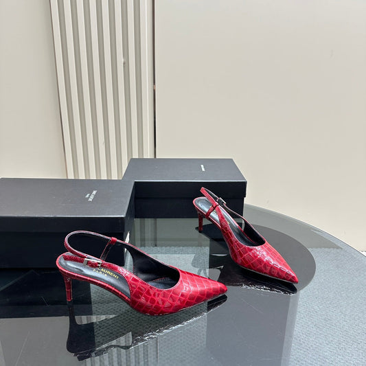 SL TRAPEZE CROCODILE MOTIF SLINGBACK PUMP RED CALFSKIN - 35