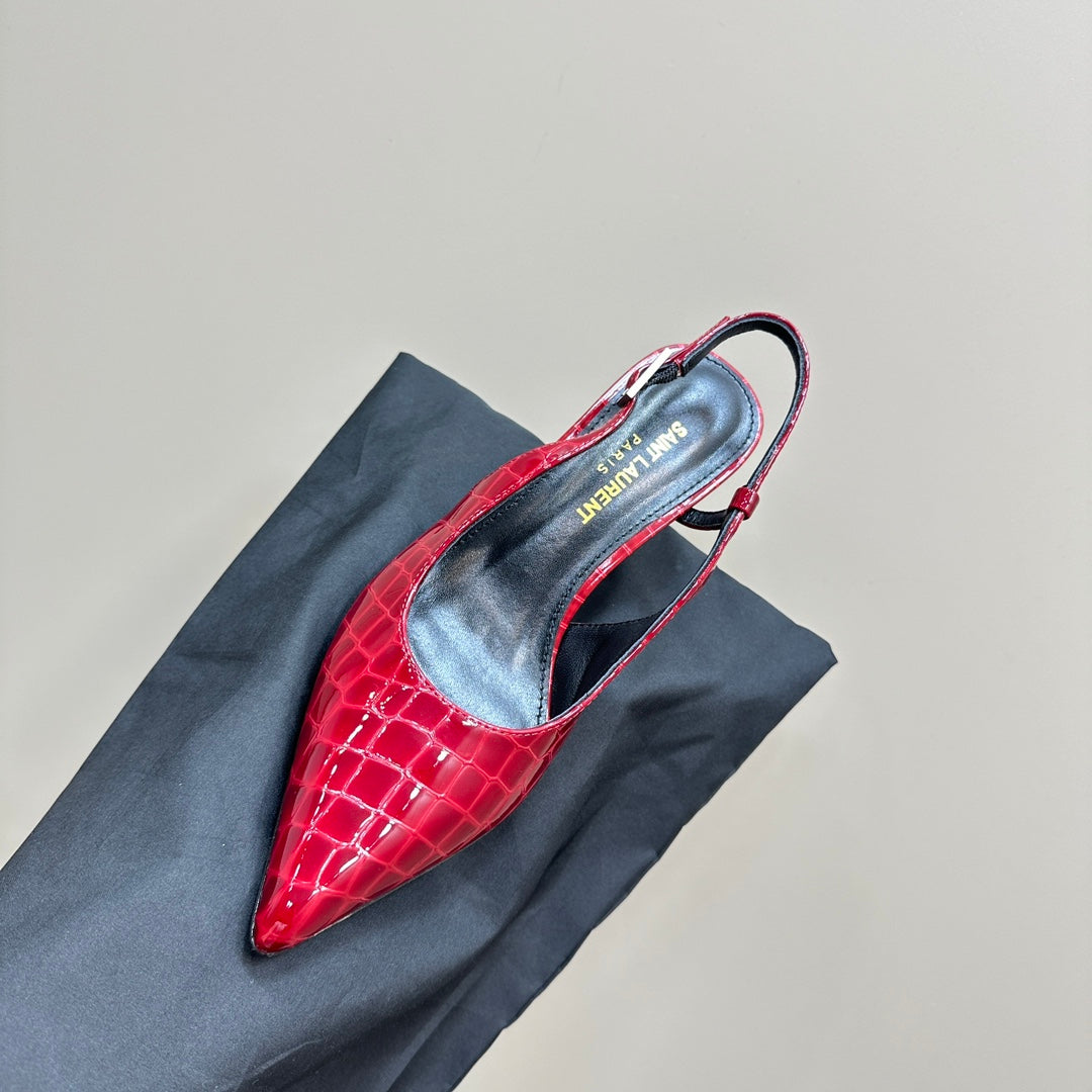 SL TRAPEZE CROCODILE MOTIF SLINGBACK PUMP RED CALFSKIN - 35