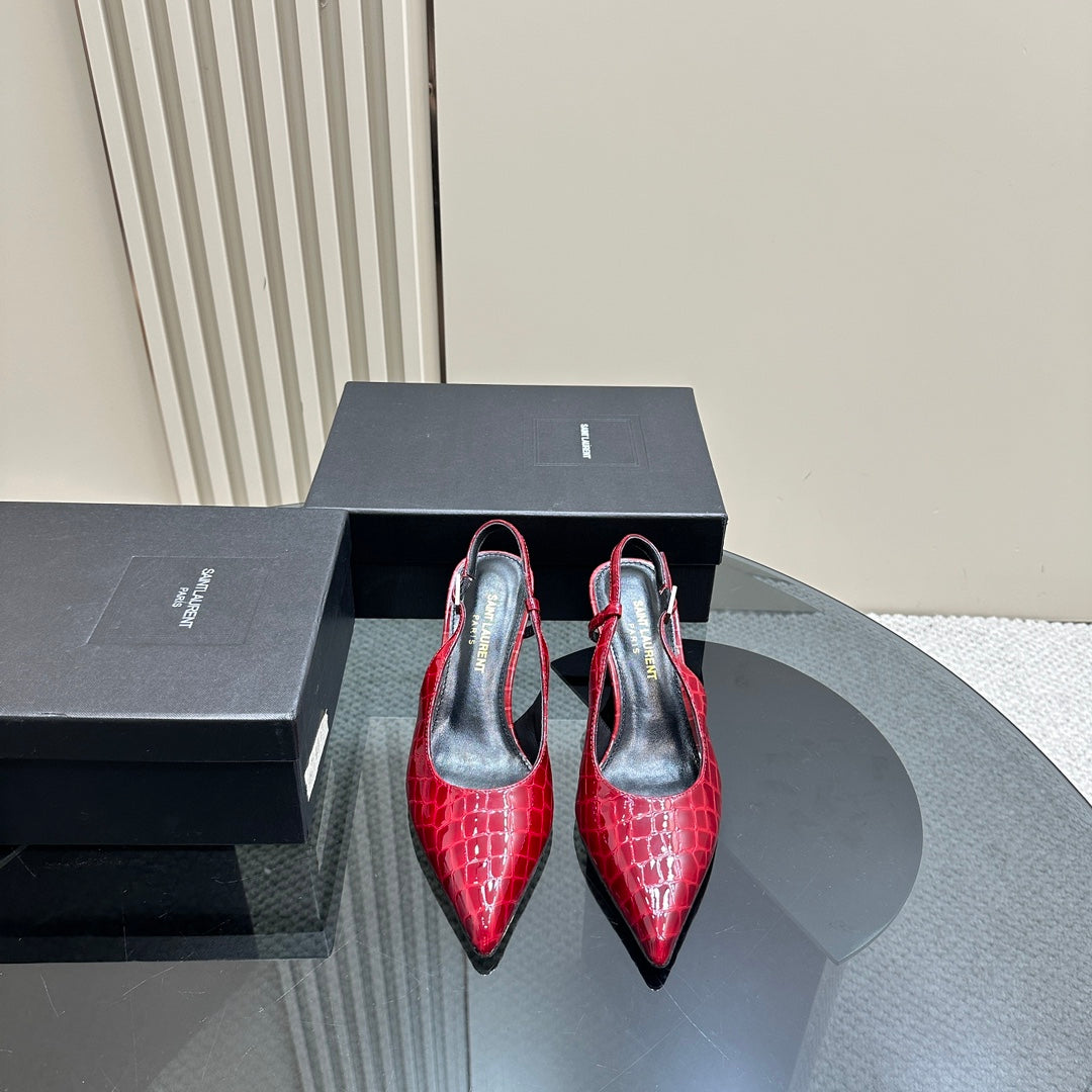 SL TRAPEZE CROCODILE MOTIF SLINGBACK PUMP RED CALFSKIN - 35