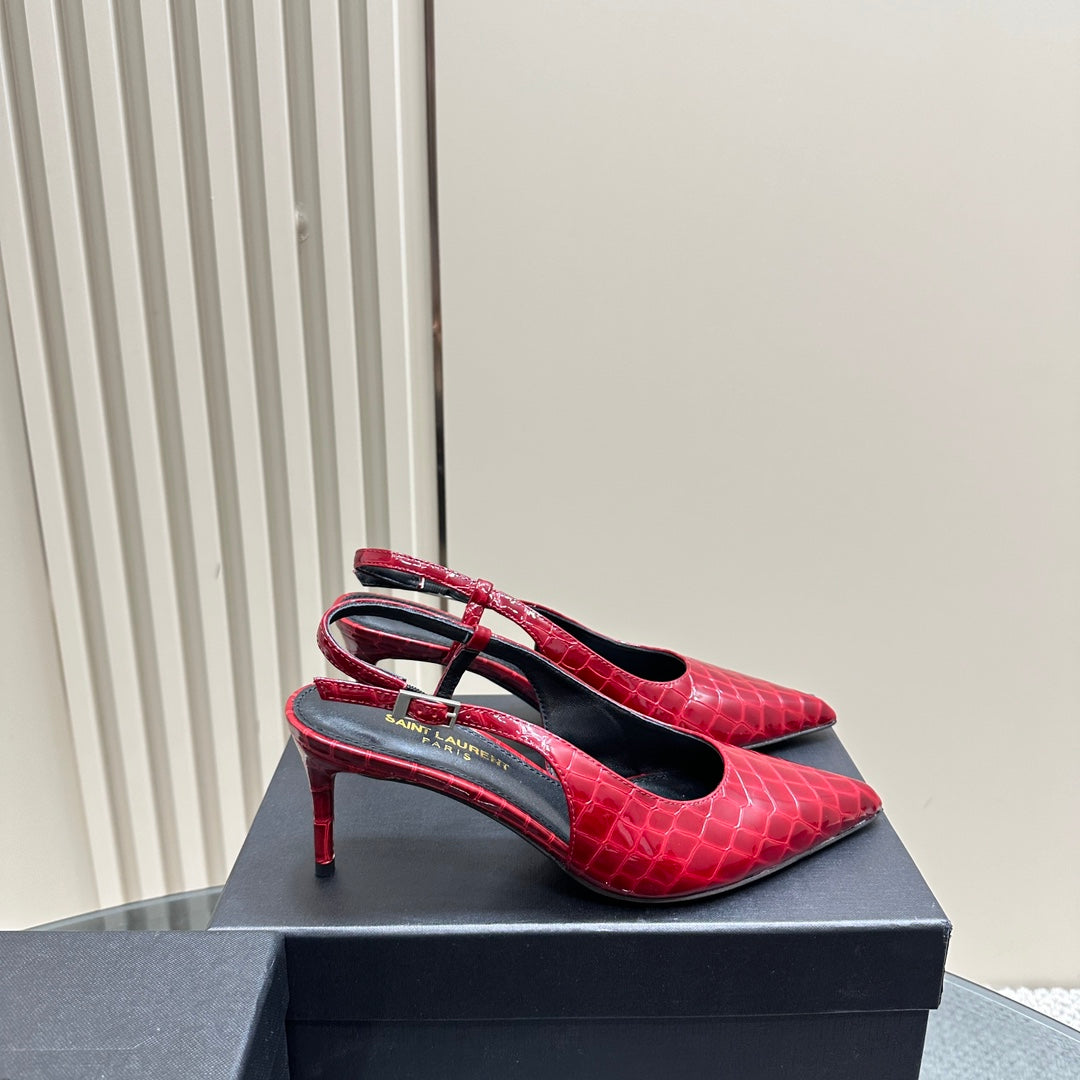 SL TRAPEZE CROCODILE MOTIF SLINGBACK PUMP RED CALFSKIN - 35