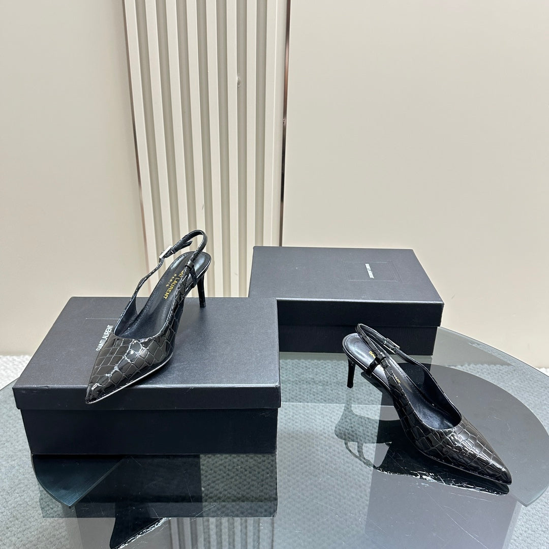 SL TRAPEZE CROCODILE MOTIF SLINGBACK PUMP BLACK CALFSKIN - 35