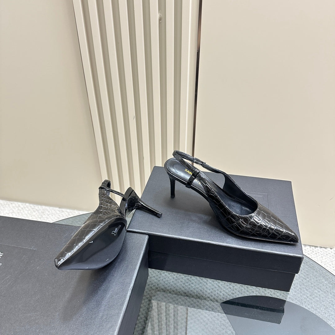 SL TRAPEZE CROCODILE MOTIF SLINGBACK PUMP BLACK CALFSKIN - 35