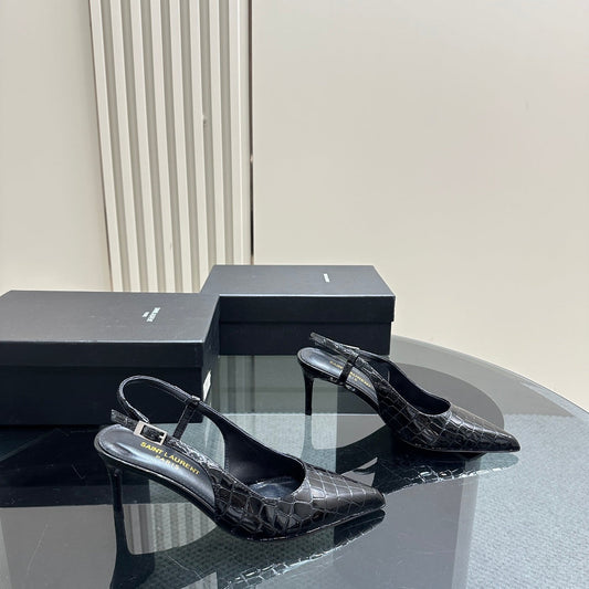 SL TRAPEZE CROCODILE MOTIF SLINGBACK PUMP BLACK CALFSKIN - 35