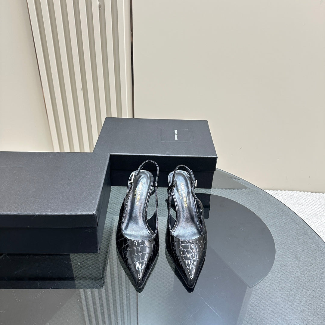 SL TRAPEZE CROCODILE MOTIF SLINGBACK PUMP BLACK CALFSKIN - 35
