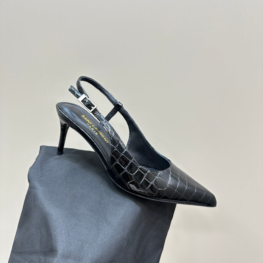 SL TRAPEZE CROCODILE MOTIF SLINGBACK PUMP BLACK CALFSKIN - 35