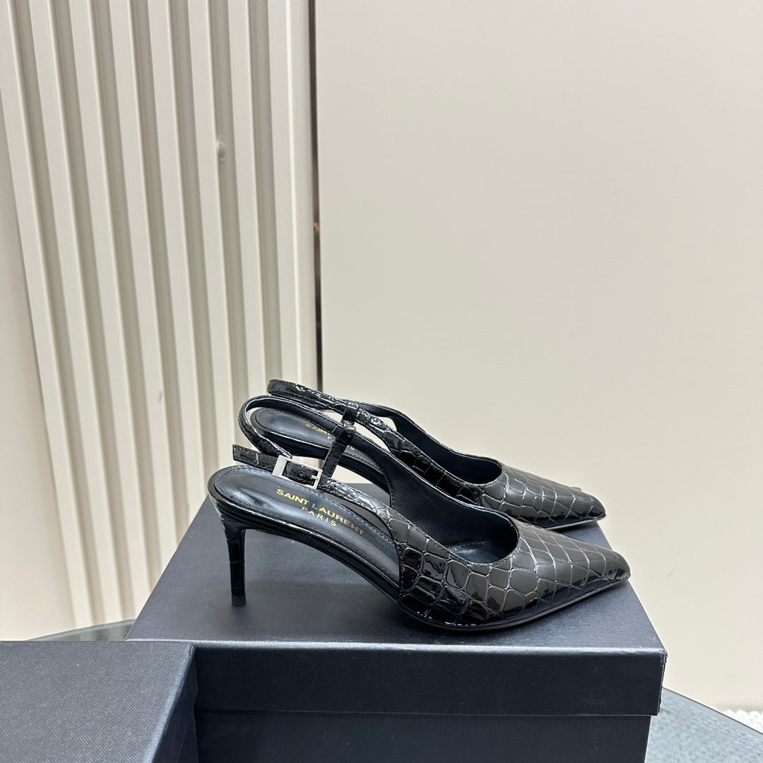 SL TRAPEZE CROCODILE MOTIF SLINGBACK PUMP BLACK CALFSKIN - 35