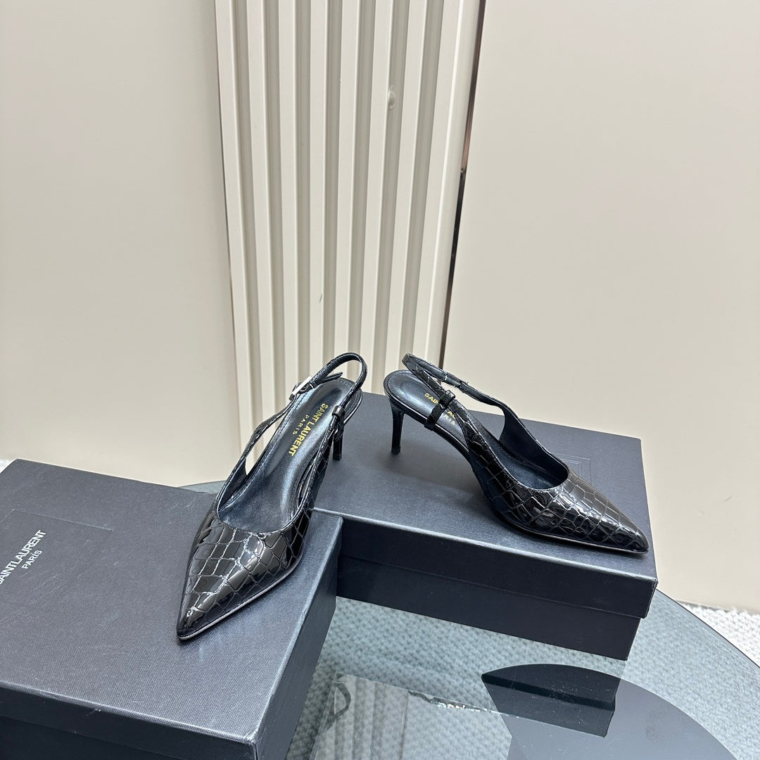 SL TRAPEZE CROCODILE MOTIF SLINGBACK PUMP BLACK CALFSKIN - 35