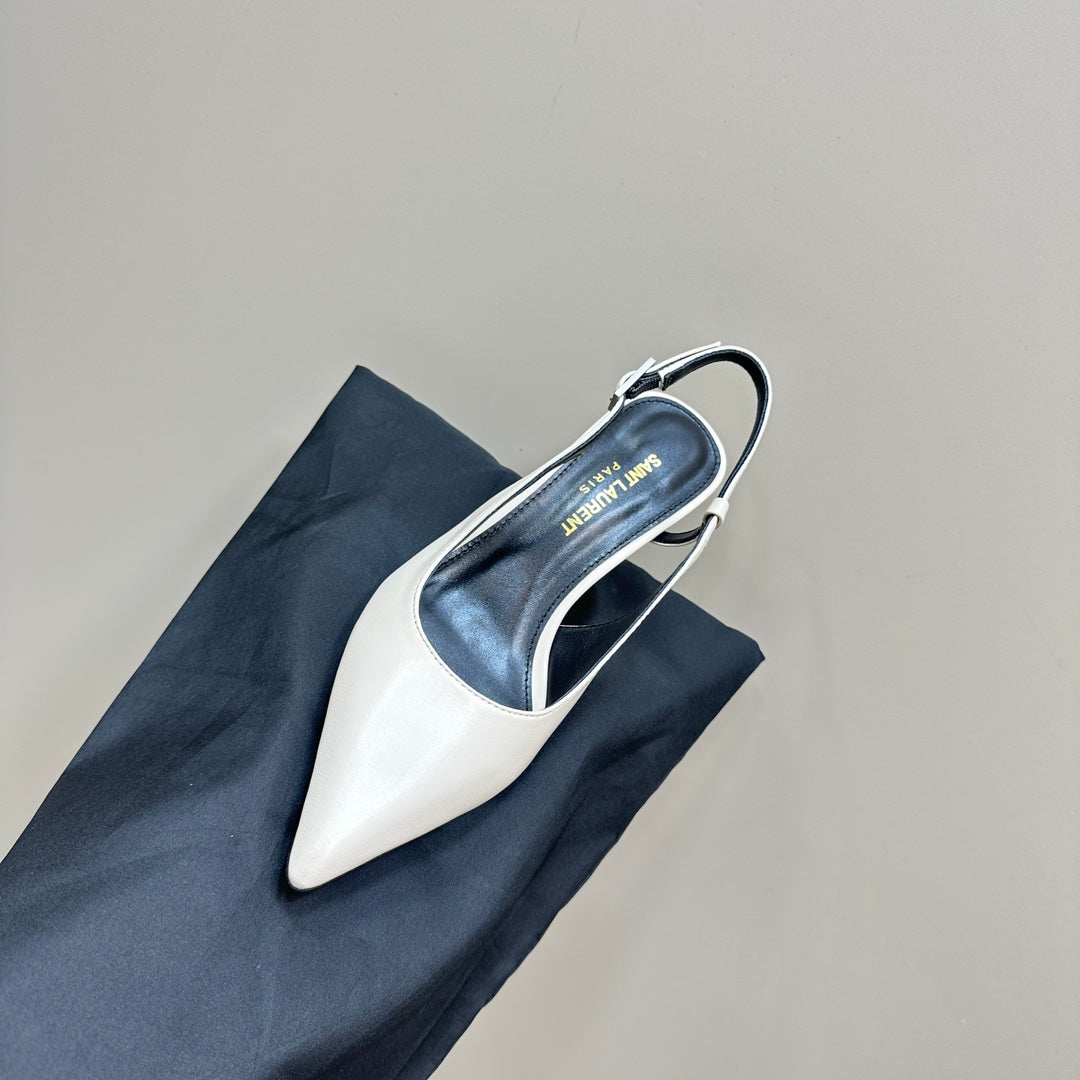 SL TRAPEZE HEEL SLINGBACK PUMP WHITE CALFSKIN - 35