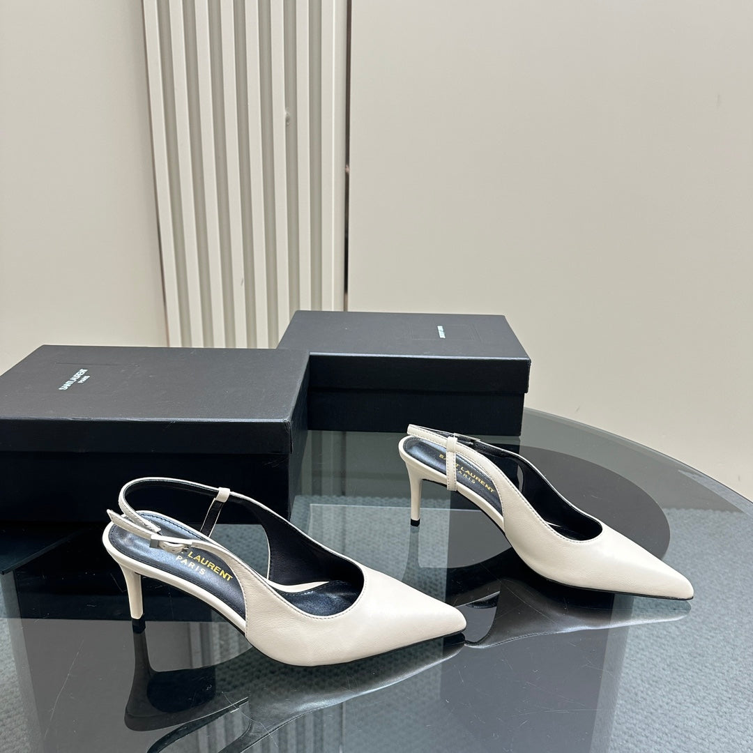 SL TRAPEZE HEEL SLINGBACK PUMP WHITE CALFSKIN - 35