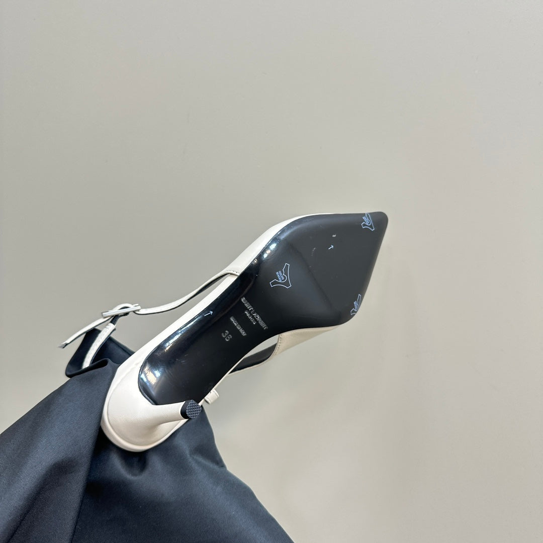 SL TRAPEZE HEEL SLINGBACK PUMP WHITE CALFSKIN - 35