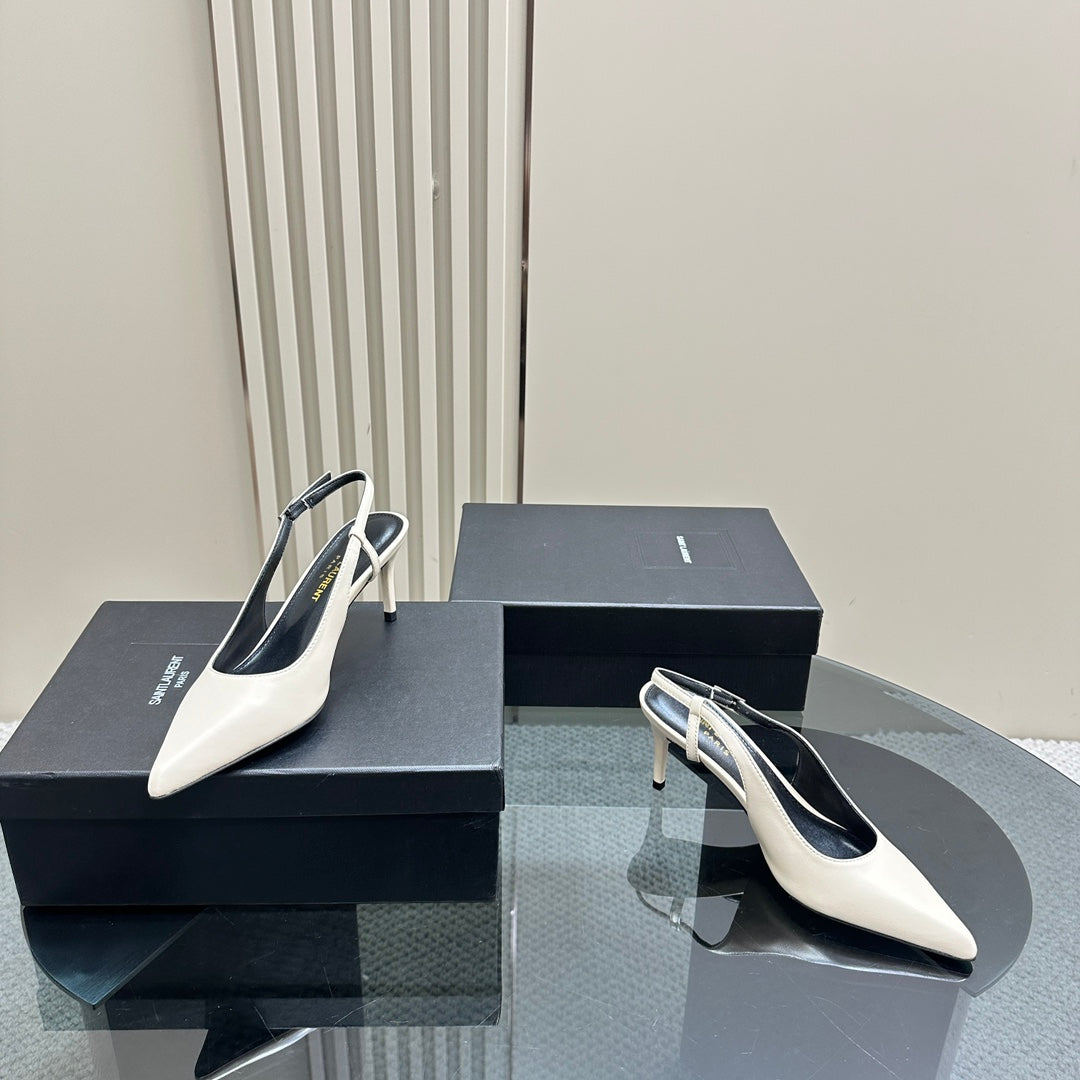 SL TRAPEZE HEEL SLINGBACK PUMP WHITE CALFSKIN - 35