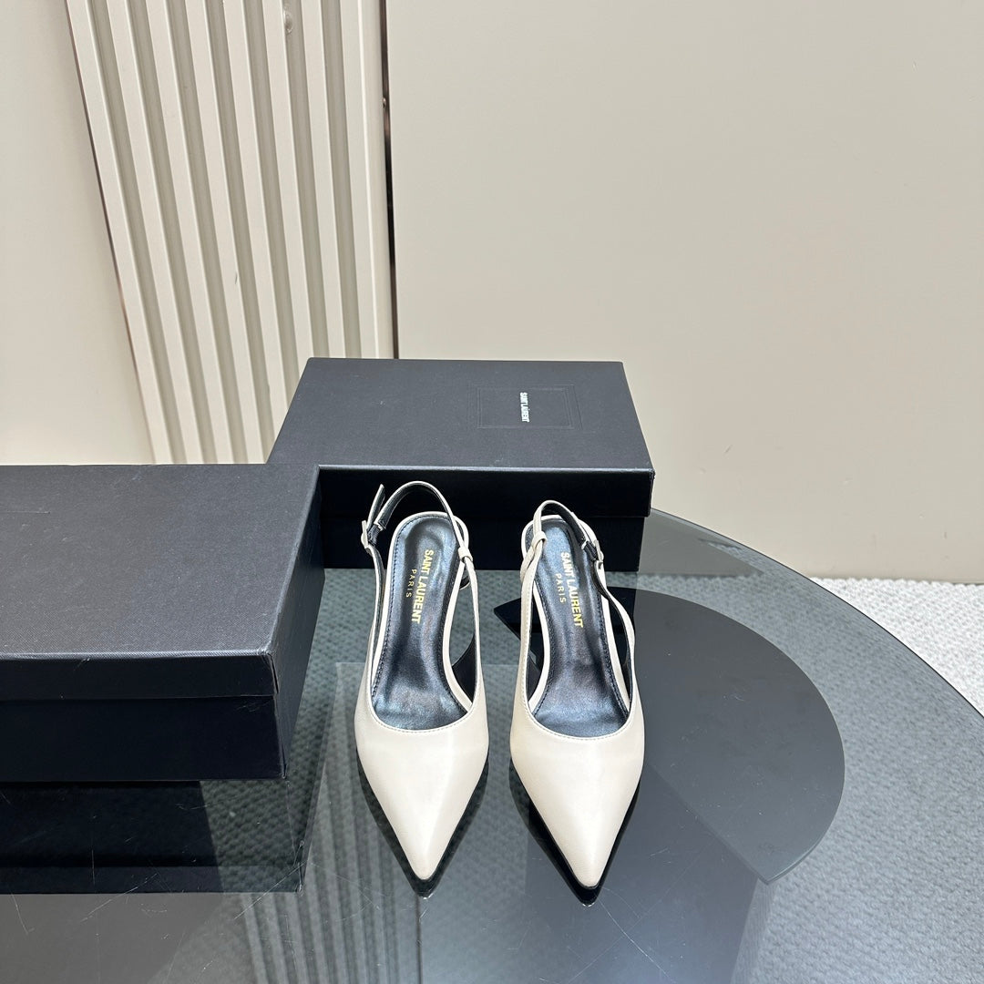 SL TRAPEZE HEEL SLINGBACK PUMP WHITE CALFSKIN - 35