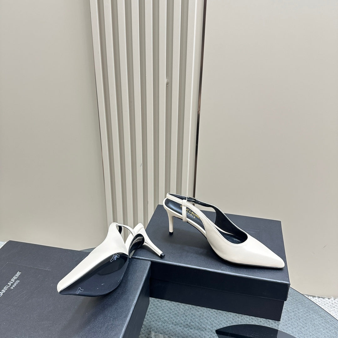 SL TRAPEZE HEEL SLINGBACK PUMP WHITE CALFSKIN - 35