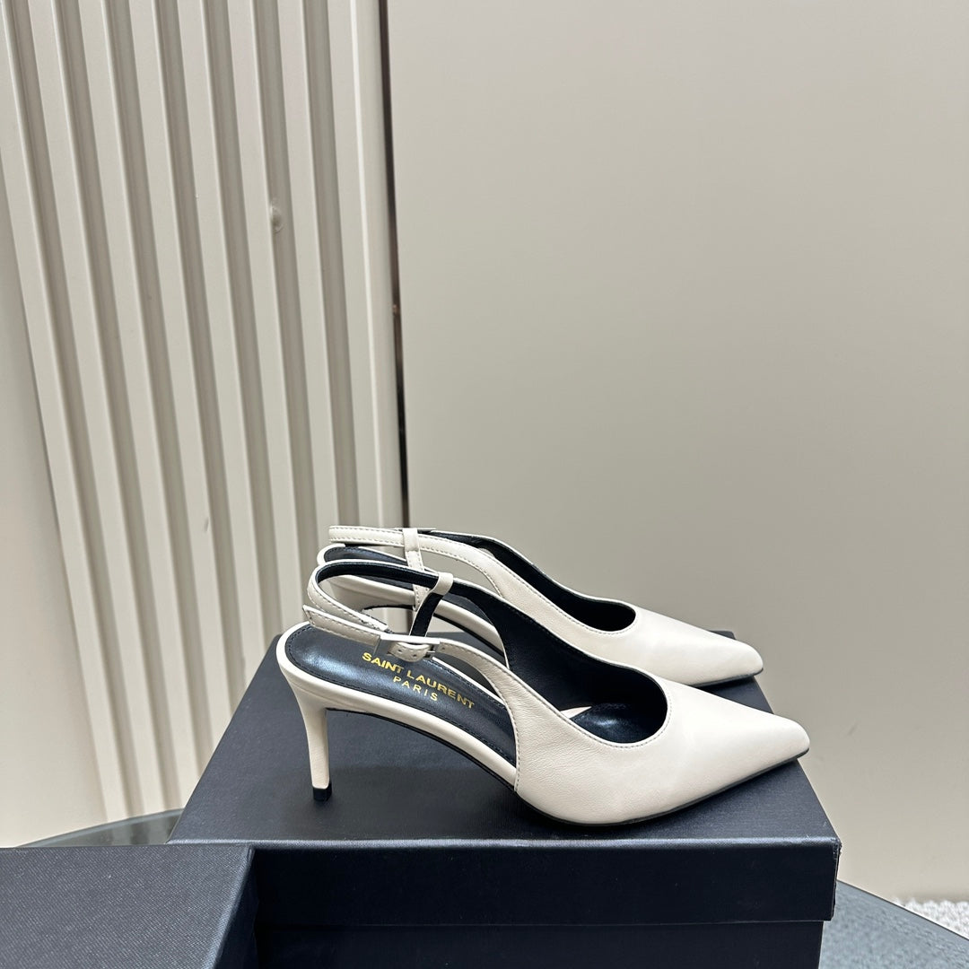 SL TRAPEZE HEEL SLINGBACK PUMP WHITE CALFSKIN - 35