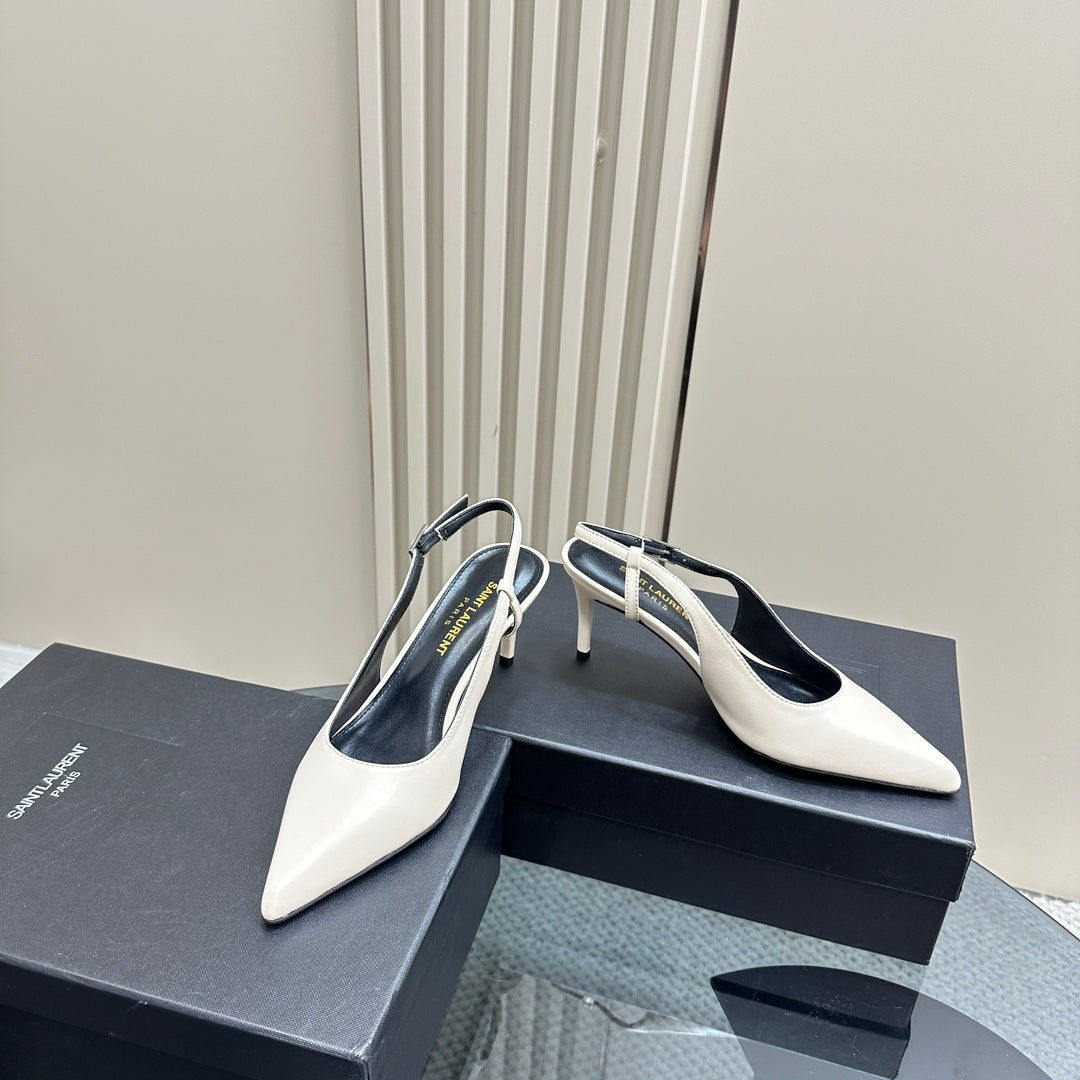 SL TRAPEZE HEEL SLINGBACK PUMP WHITE CALFSKIN - 35