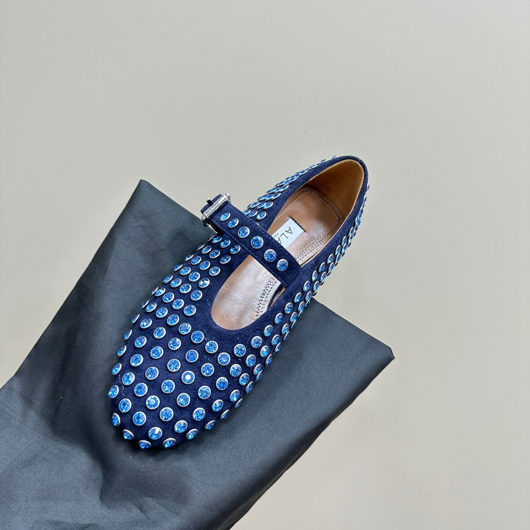 ALAIA CRYSTAL EMBELLISHED BALLET FLATS IN NAVY BLUE SUEDE - 34