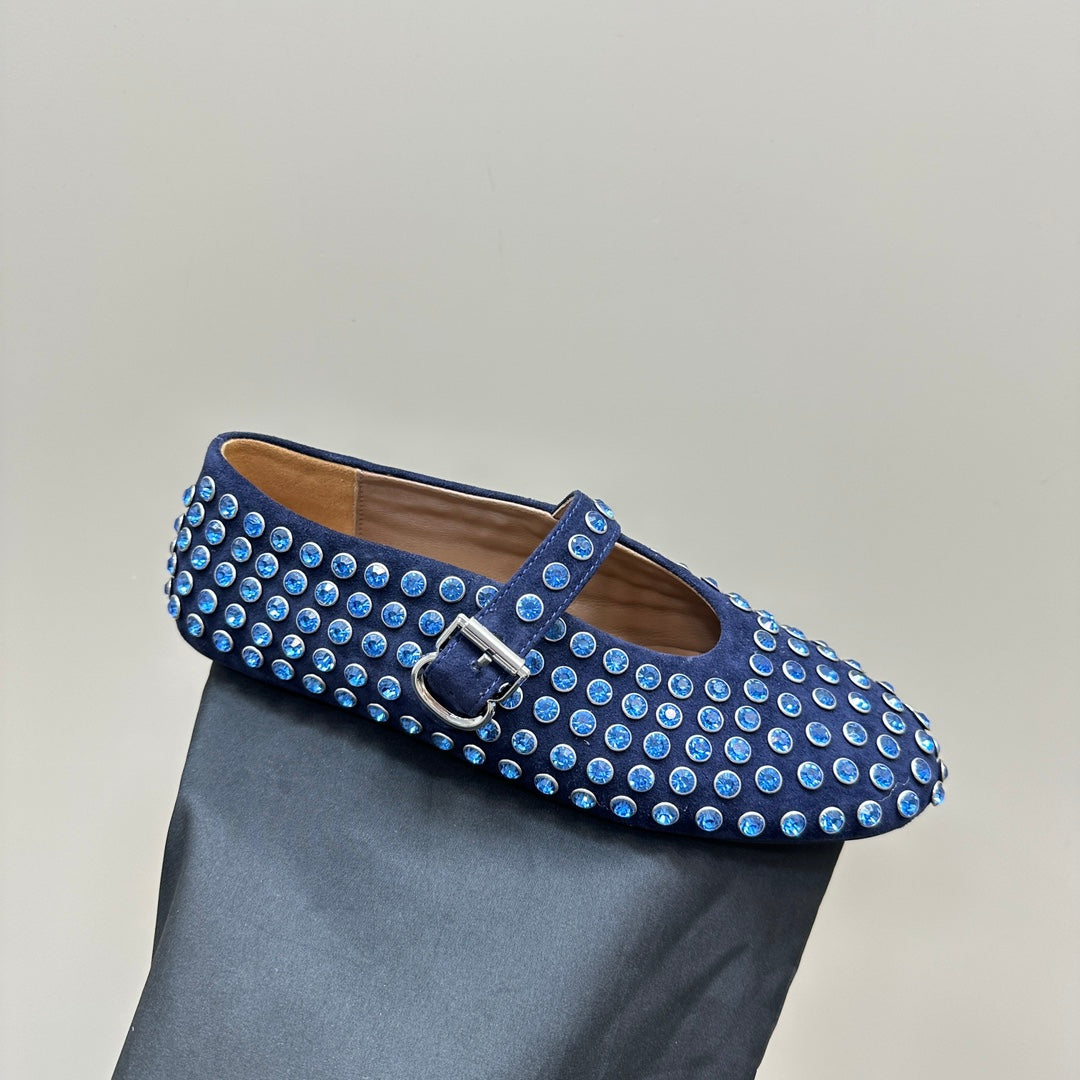 ALAIA CRYSTAL EMBELLISHED BALLET FLATS IN NAVY BLUE SUEDE - 34
