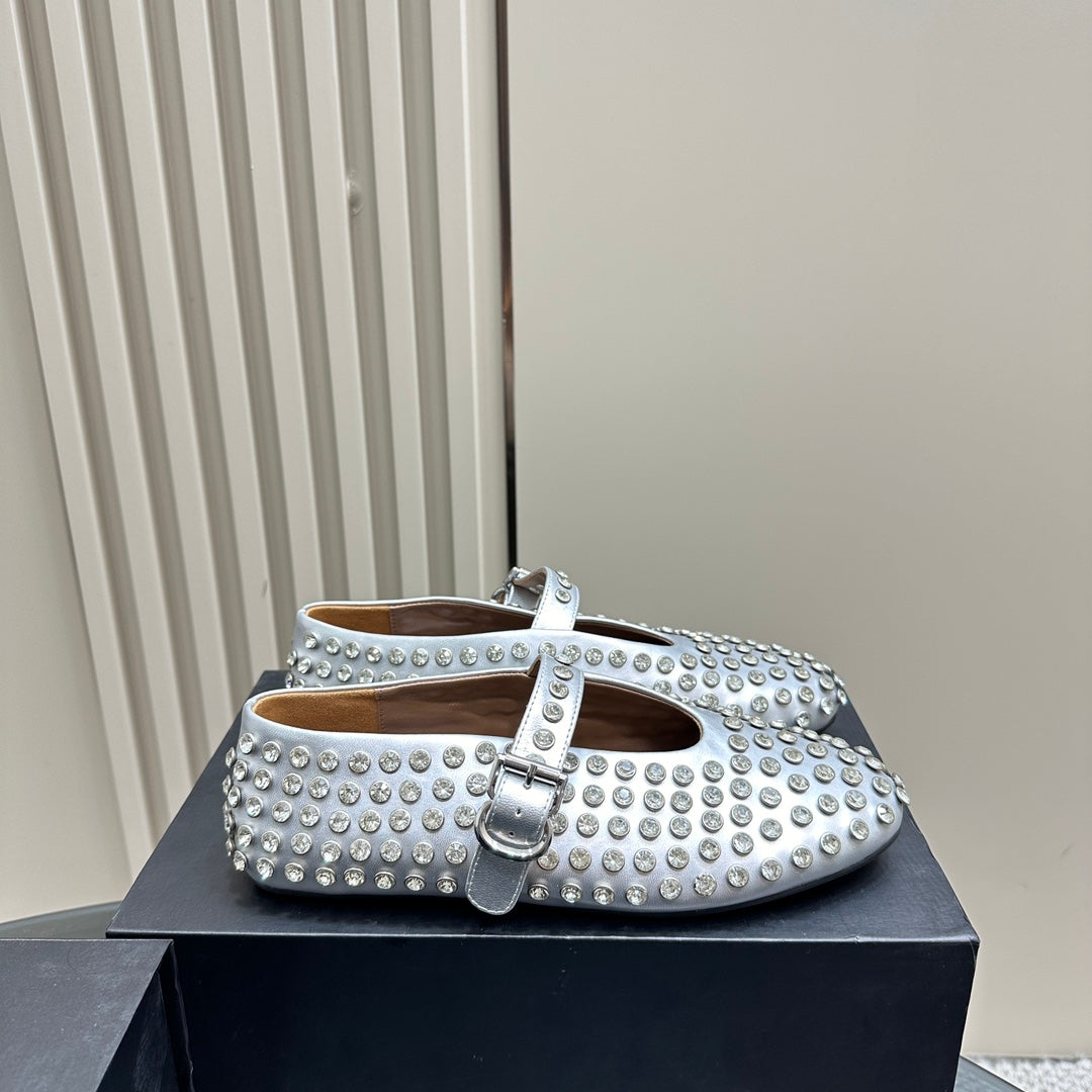 ALAIA CRYSTAL EMBELLISHED BALLET FLATS IN SILVER CALFSKIN - 34