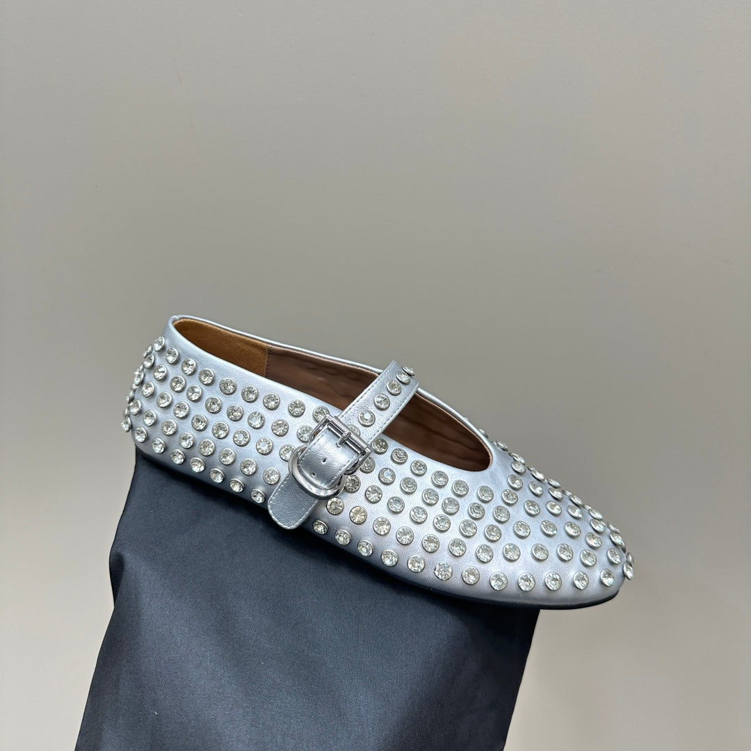 ALAIA CRYSTAL EMBELLISHED BALLET FLATS IN SILVER CALFSKIN - 34