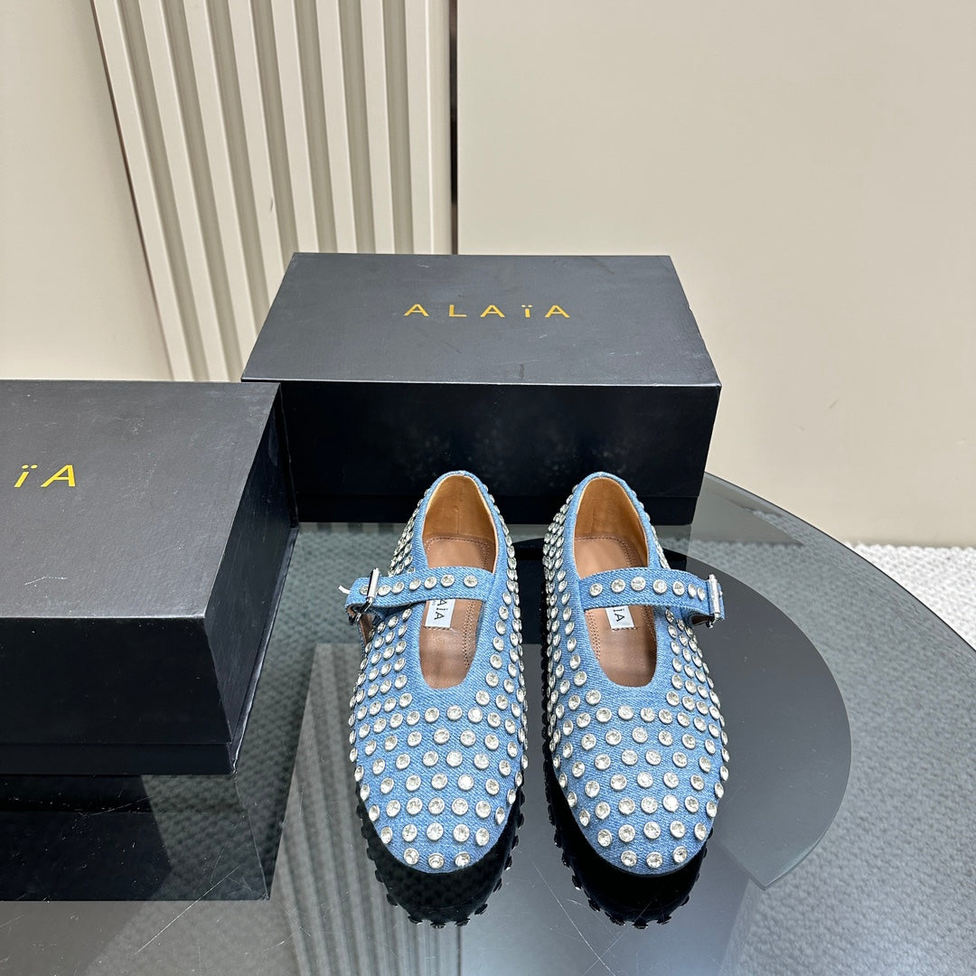 ALAIA CRYSTAL EMBELLISHED BALLET FLATS IN LIGHT BLUE DENIM - 34