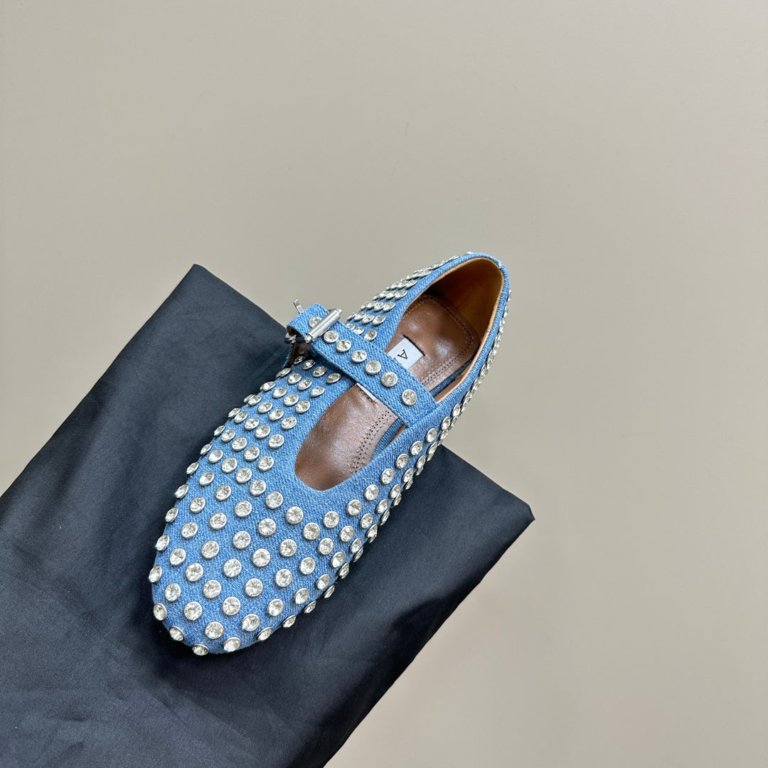 ALAIA CRYSTAL EMBELLISHED BALLET FLATS IN LIGHT BLUE DENIM - 34