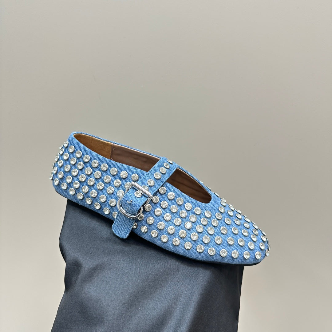 ALAIA CRYSTAL EMBELLISHED BALLET FLATS IN LIGHT BLUE DENIM - 34