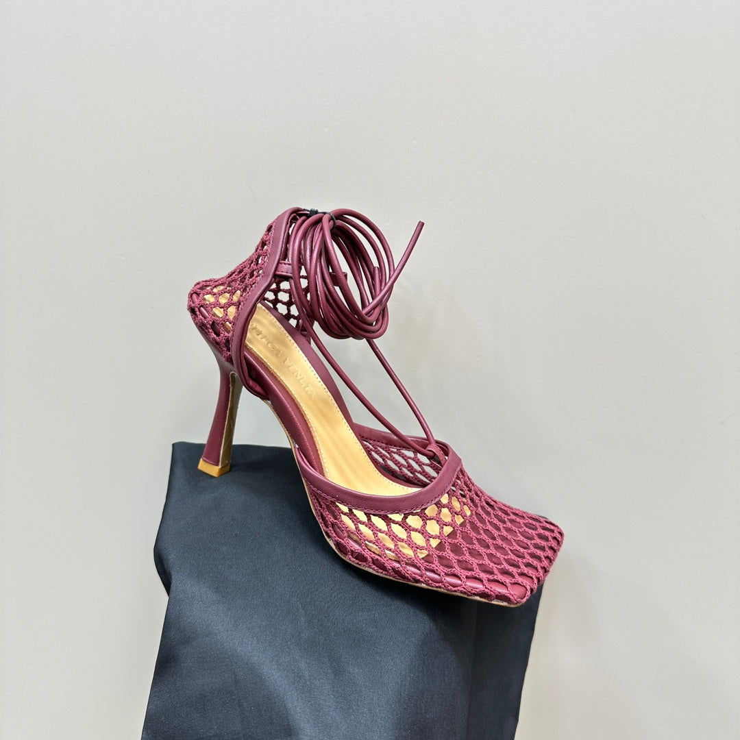 STRETCH HIGH HEELS 9 CM IN SANGRIA RED METALLIZE MESH AND LEATHER - 35