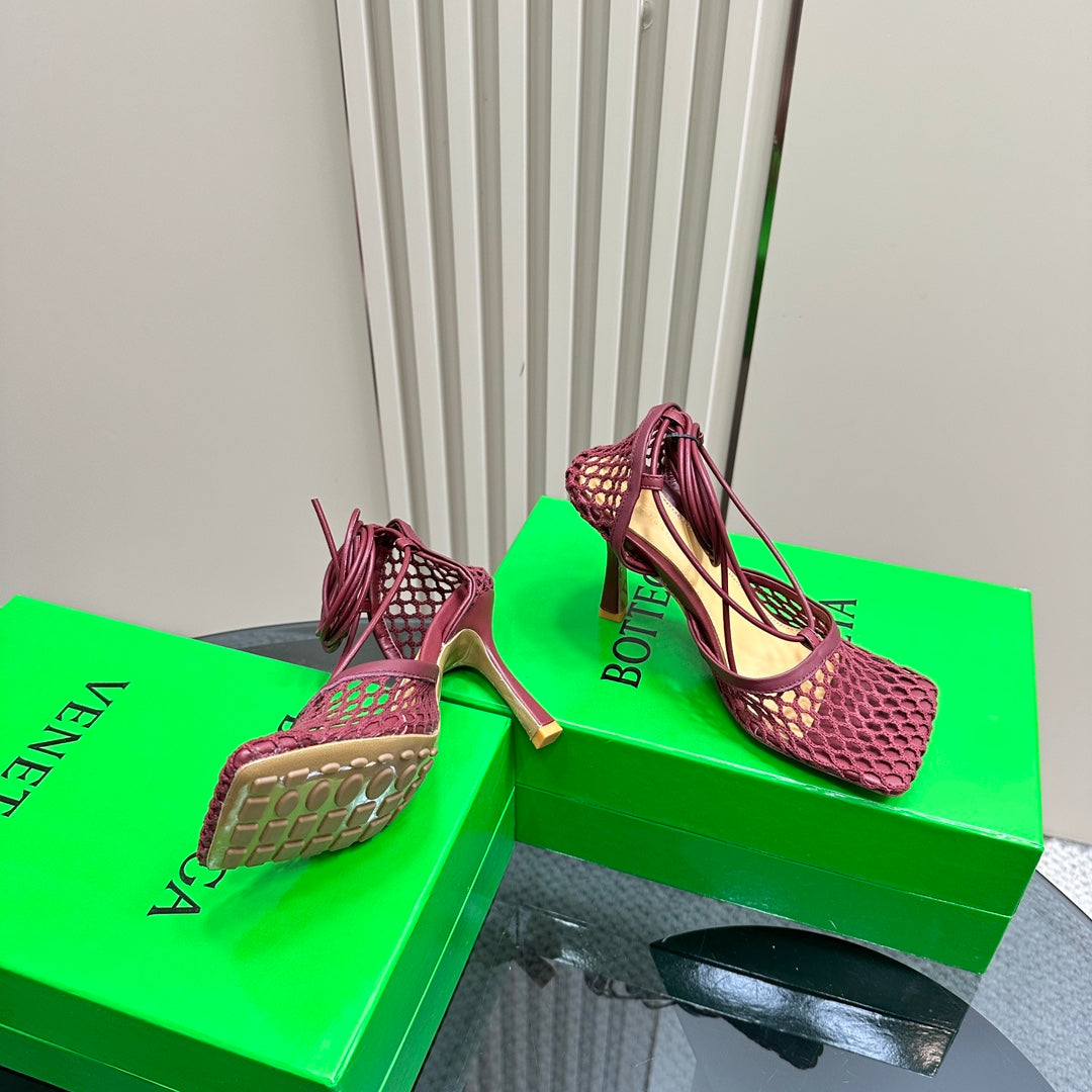 STRETCH HIGH HEELS 9 CM IN SANGRIA RED METALLIZE MESH AND LEATHER - 35