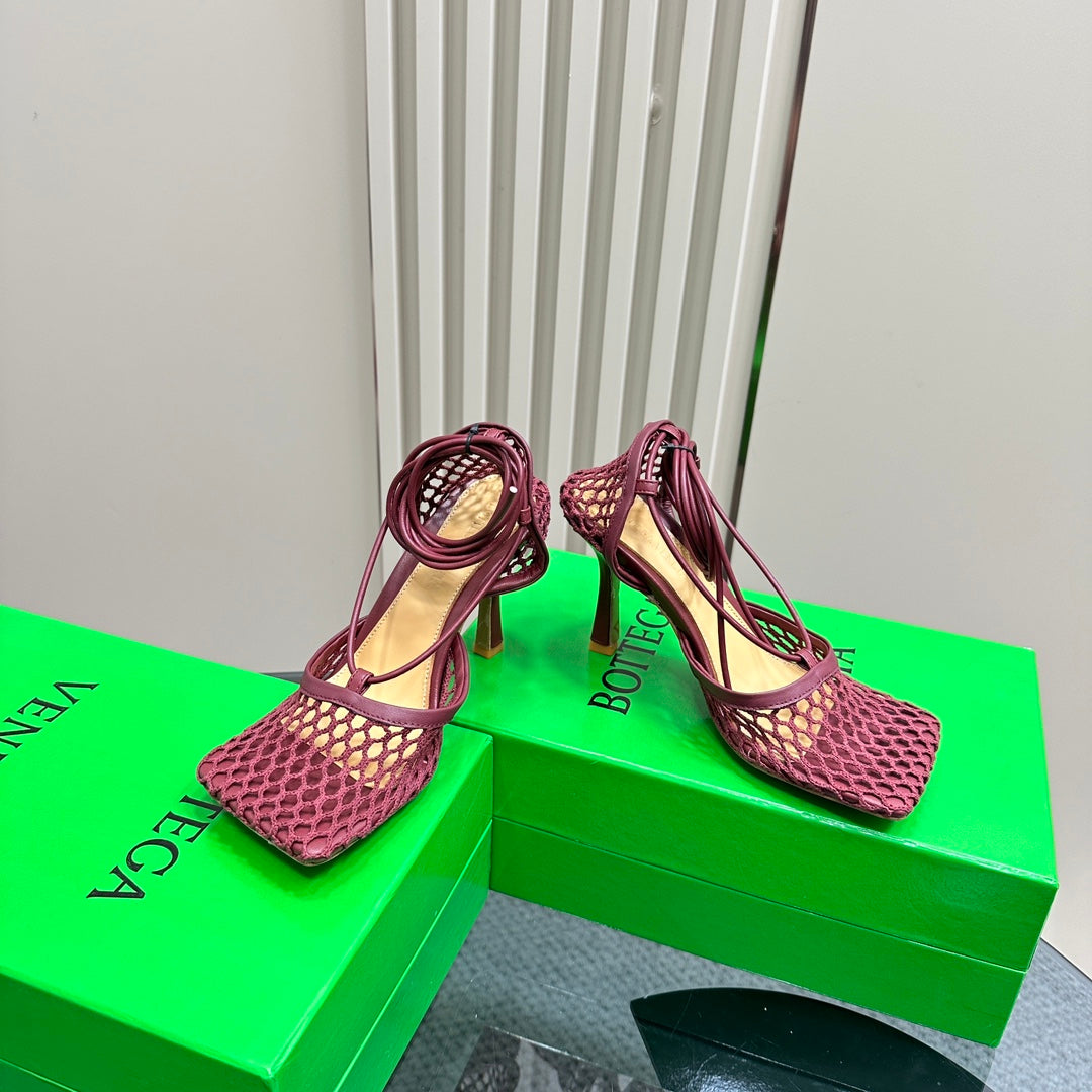 STRETCH HIGH HEELS 9 CM IN SANGRIA RED METALLIZE MESH AND LEATHER - 35