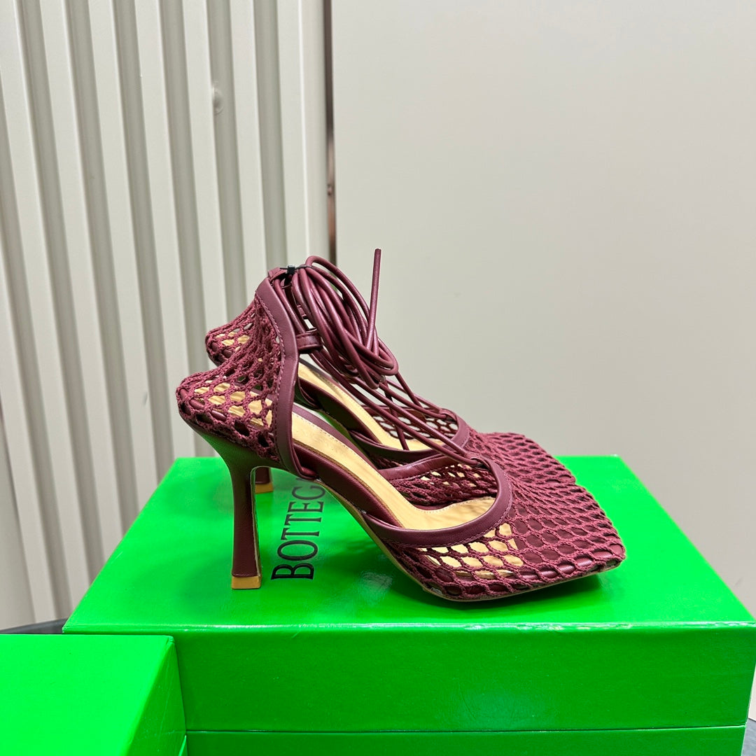 STRETCH HIGH HEELS 9 CM IN SANGRIA RED METALLIZE MESH AND LEATHER - 35