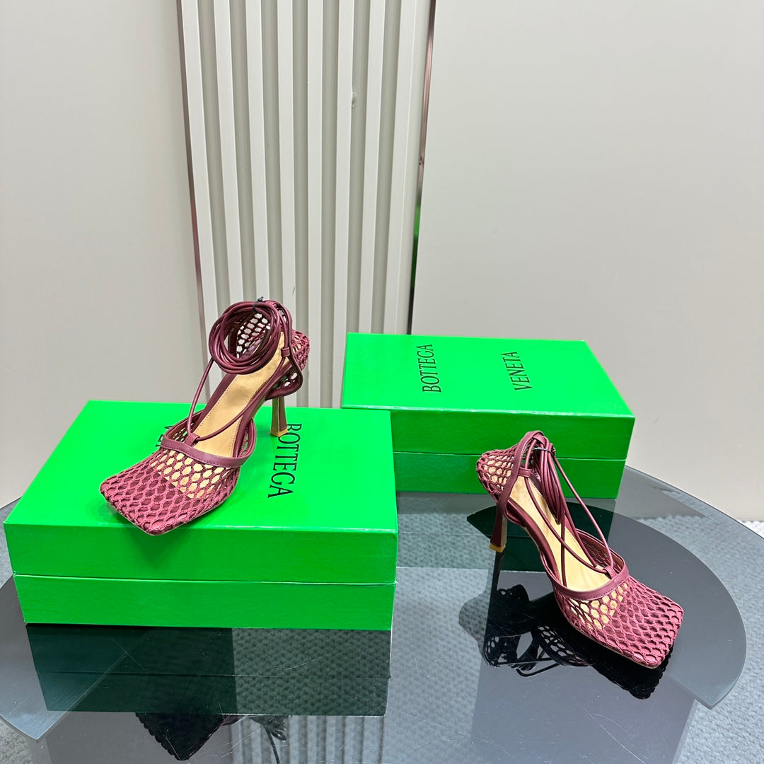 STRETCH HIGH HEELS 9 CM IN SANGRIA RED METALLIZE MESH AND LEATHER - 35