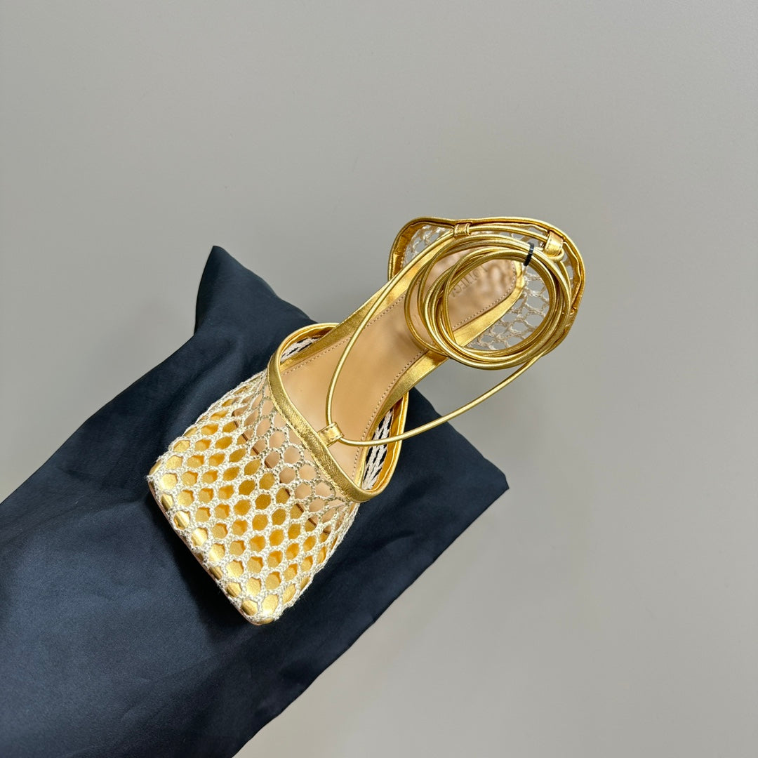 STRETCH HIGH HEELS 9 CM IN GOLD METALLIZE MESH AND LEATHER - 35