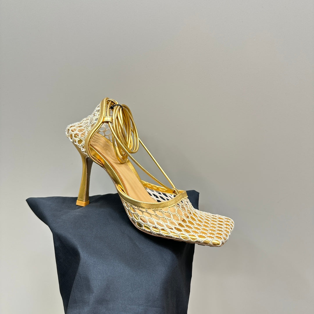 STRETCH HIGH HEELS 9 CM IN GOLD METALLIZE MESH AND LEATHER - 35