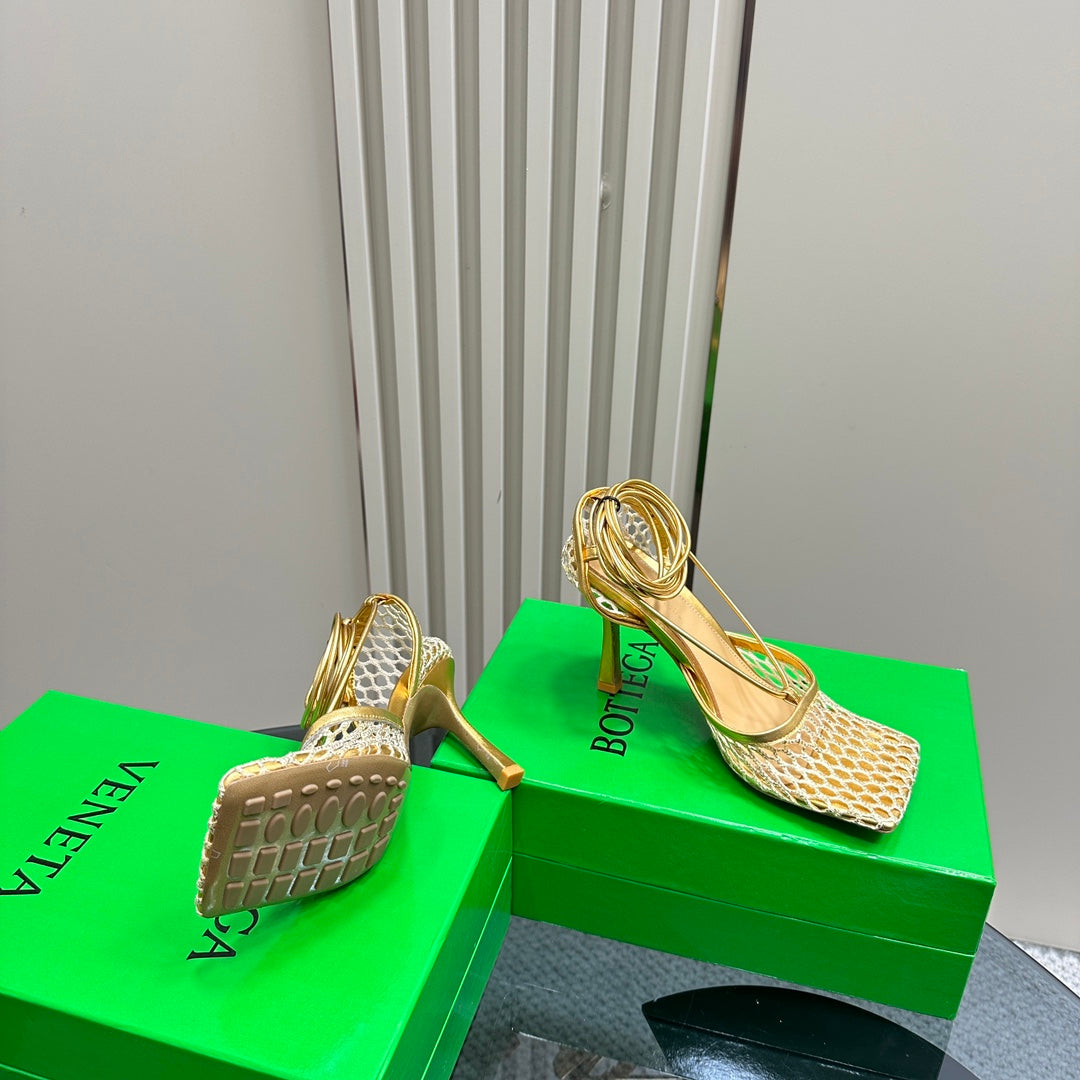 STRETCH HIGH HEELS 9 CM IN GOLD METALLIZE MESH AND LEATHER - 35