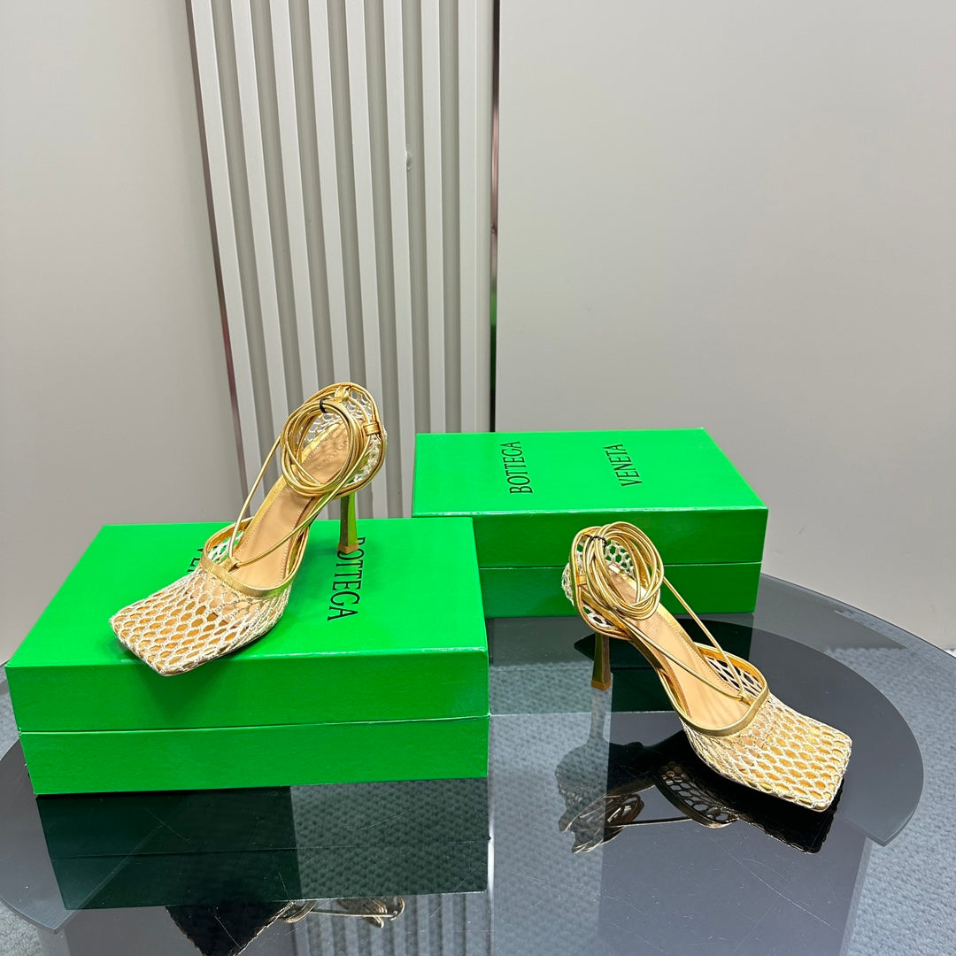 STRETCH HIGH HEELS 9 CM IN GOLD METALLIZE MESH AND LEATHER - 35