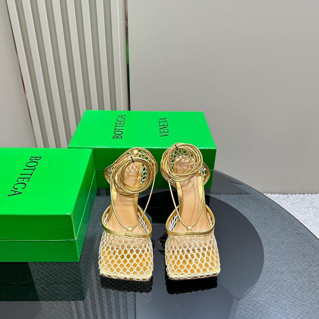 STRETCH HIGH HEELS 9 CM IN GOLD METALLIZE MESH AND LEATHER - 35