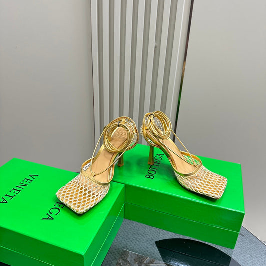 STRETCH HIGH HEELS 9 CM IN GOLD METALLIZE MESH AND LEATHER - 35