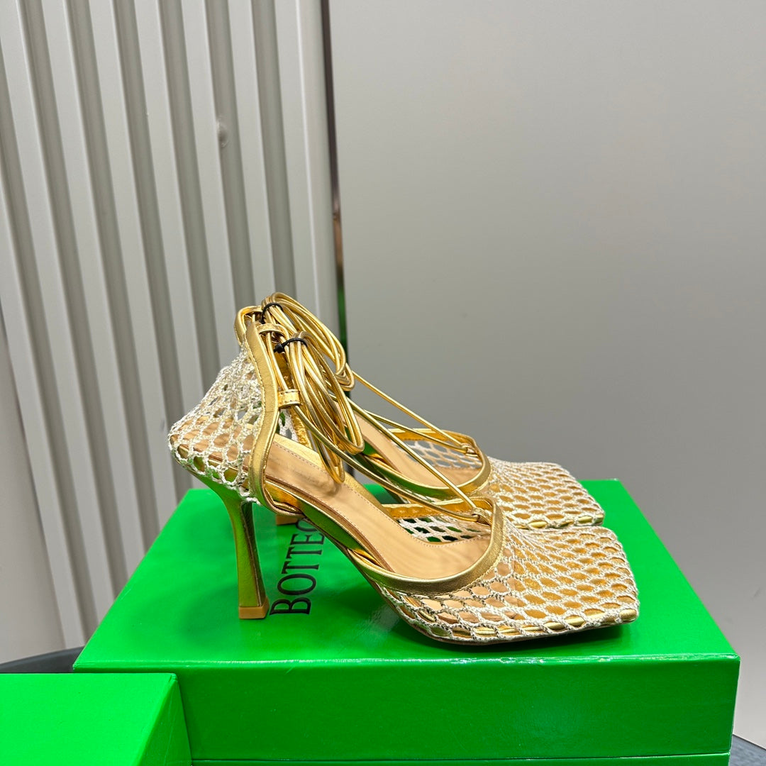 STRETCH HIGH HEELS 9 CM IN GOLD METALLIZE MESH AND LEATHER - 35