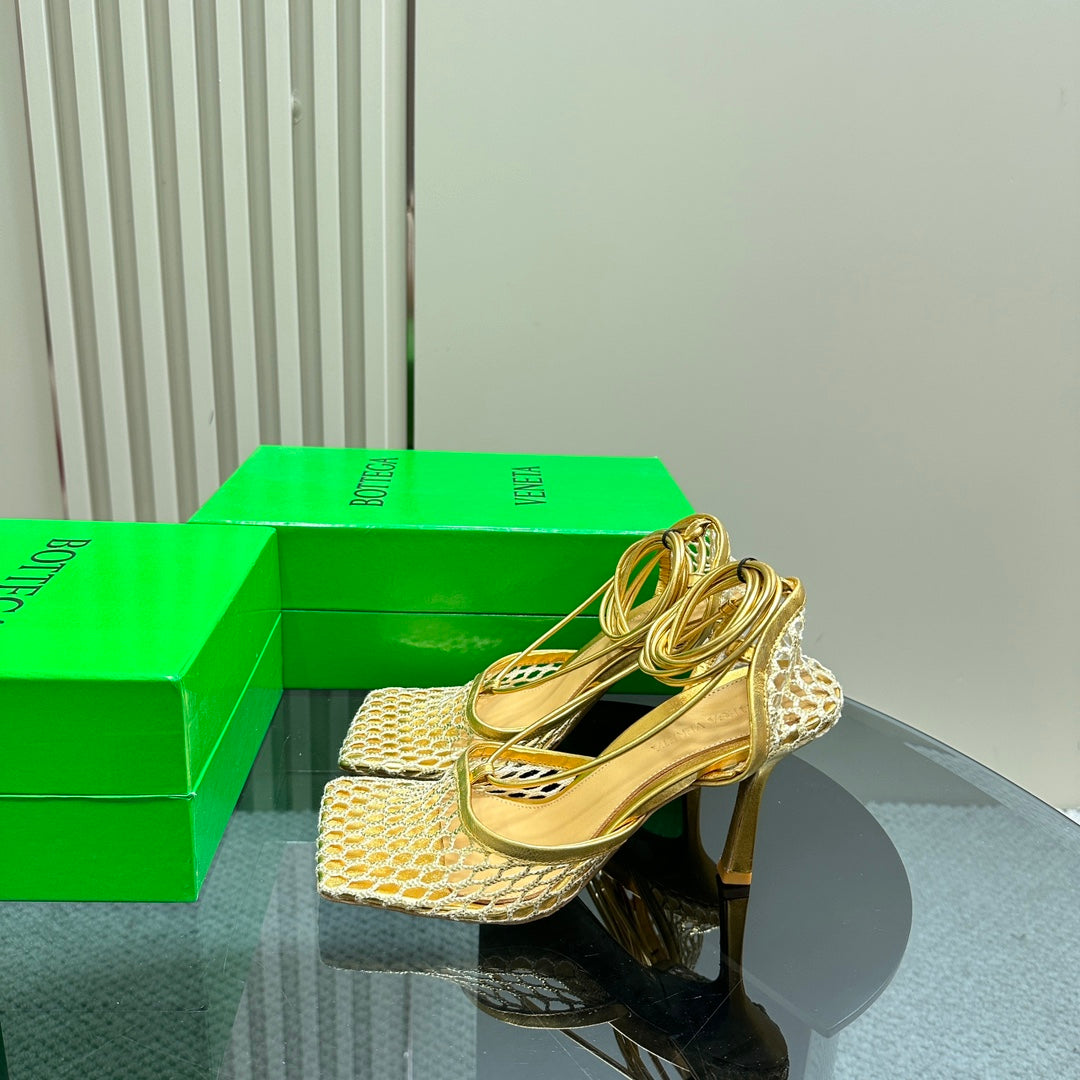 STRETCH HIGH HEELS 9 CM IN GOLD METALLIZE MESH AND LEATHER - 35