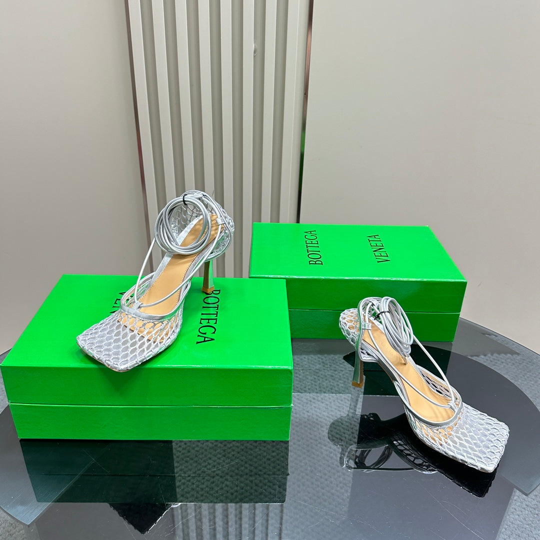 STRETCH HIGH HEELS 9 CM IN SILVER METALLIZE MESH AND LEATHER - 35