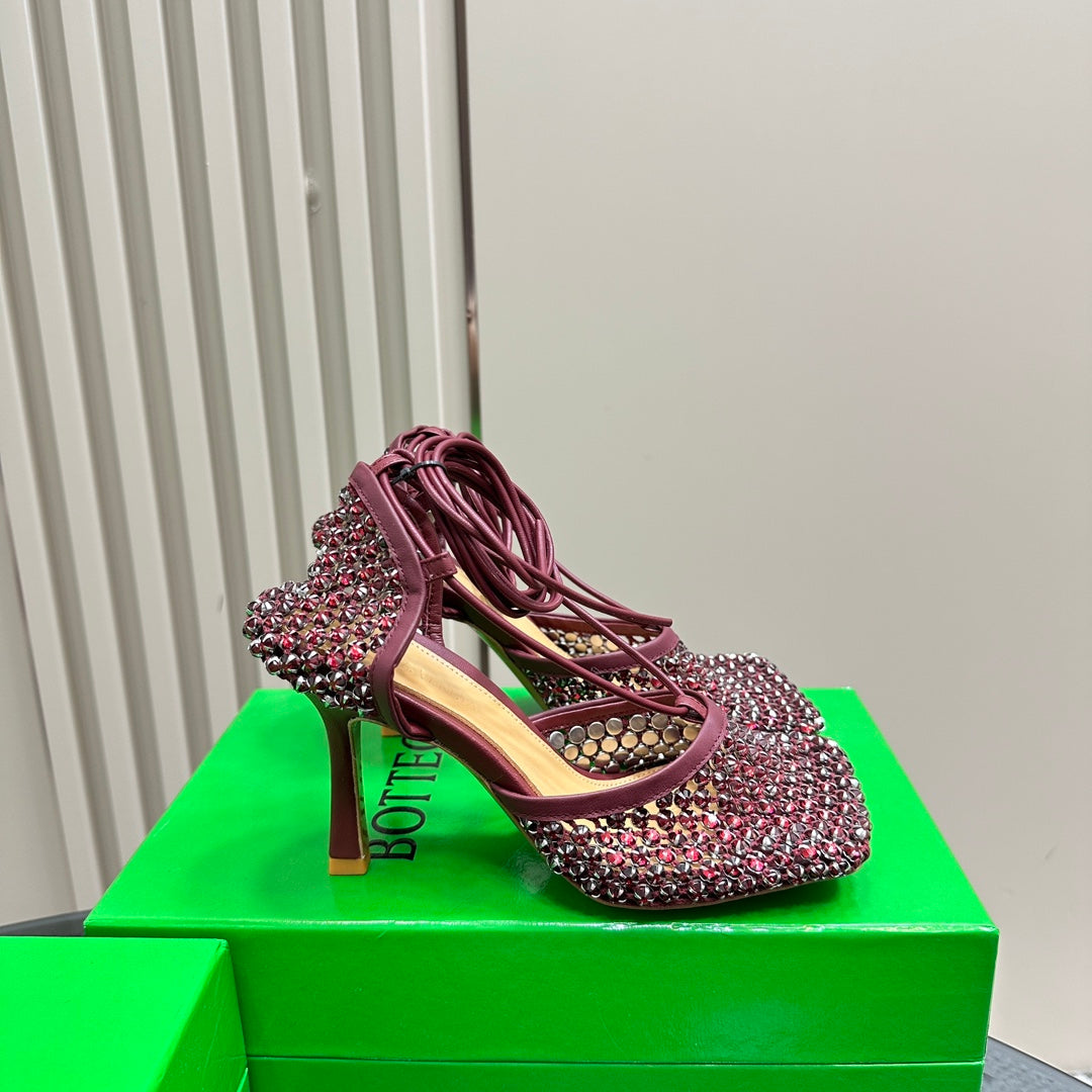 STRETCH HIGH HEELS 9 CM IN SANGRIA RED METALLIZE MESH AND LEATHER WITH CRYSTAL - 35