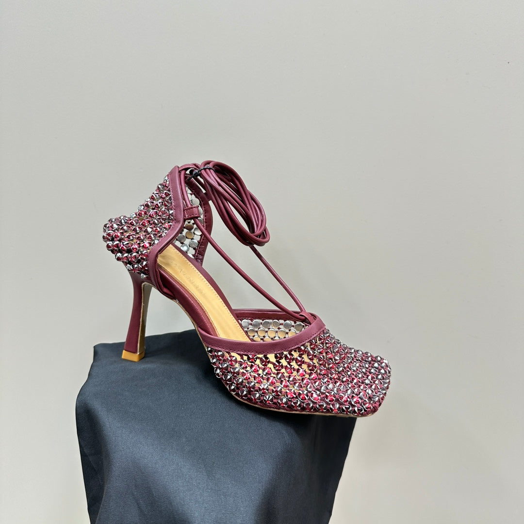 STRETCH HIGH HEELS 9 CM IN SANGRIA RED METALLIZE MESH AND LEATHER WITH CRYSTAL - 35