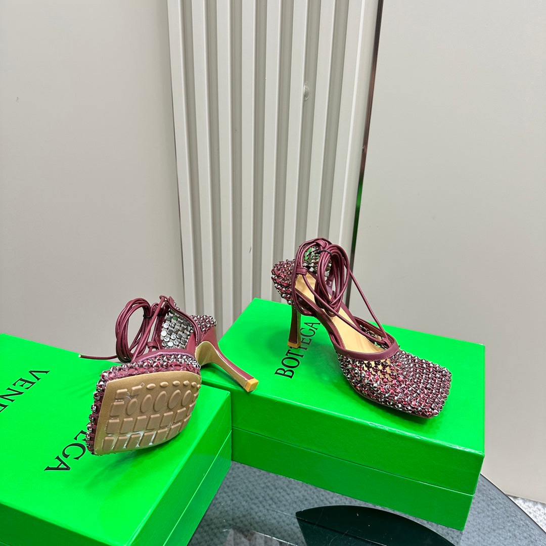 STRETCH HIGH HEELS 9 CM IN SANGRIA RED METALLIZE MESH AND LEATHER WITH CRYSTAL - 35