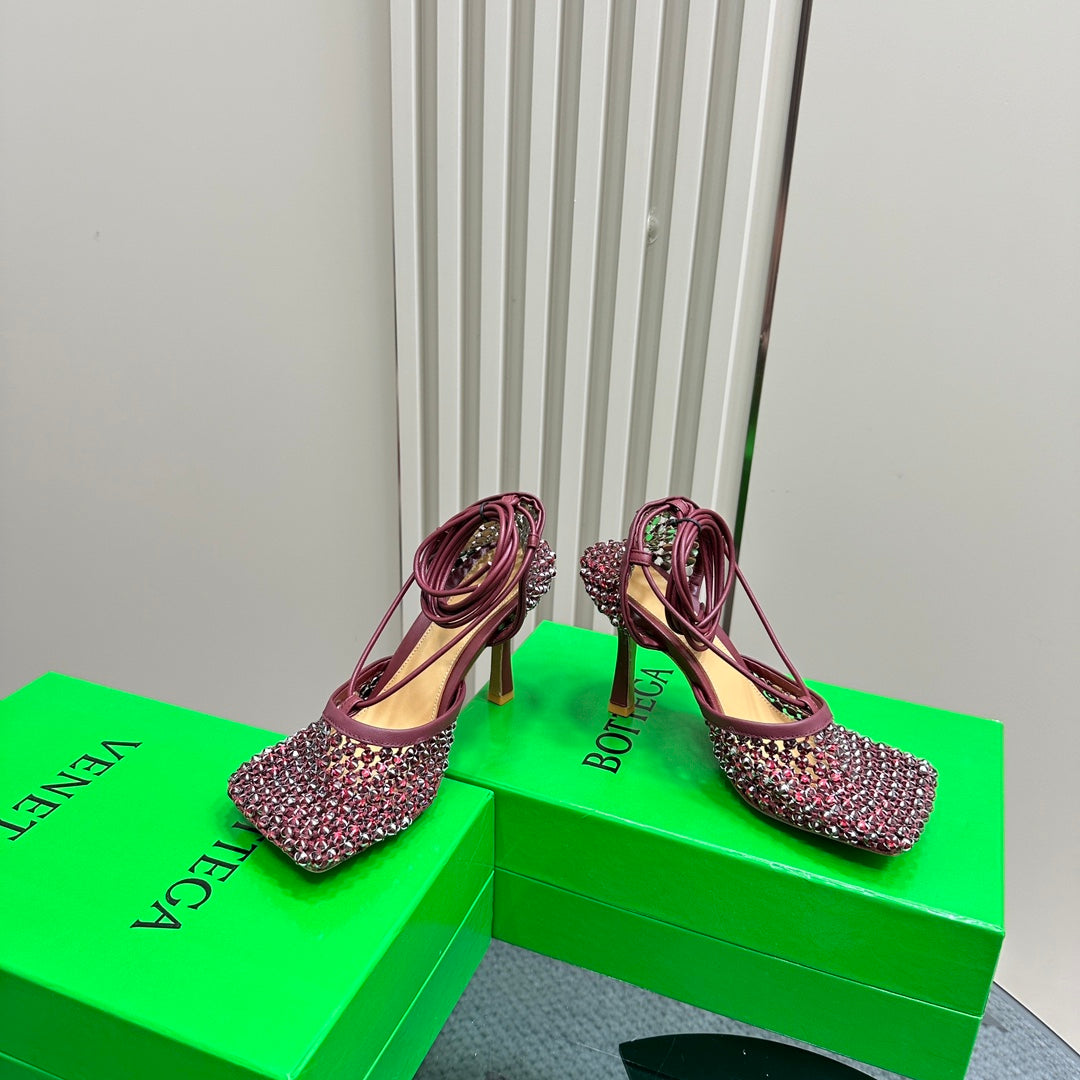 STRETCH HIGH HEELS 9 CM IN SANGRIA RED METALLIZE MESH AND LEATHER WITH CRYSTAL - 35