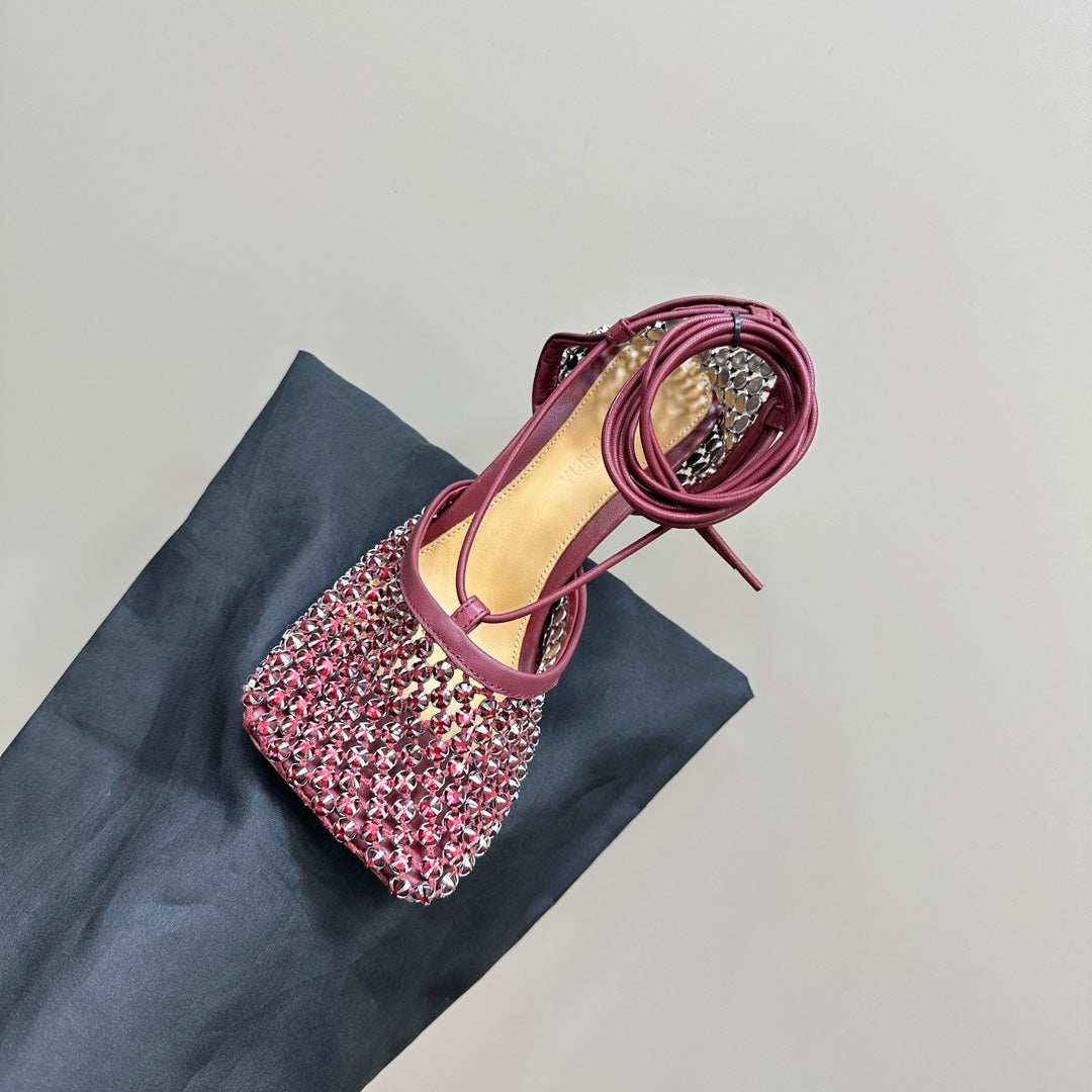 STRETCH HIGH HEELS 9 CM IN SANGRIA RED METALLIZE MESH AND LEATHER WITH CRYSTAL - 35