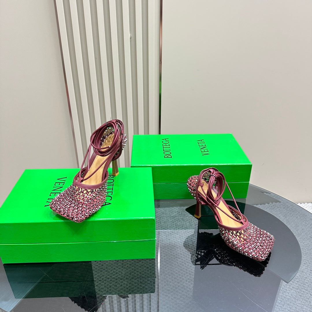 STRETCH HIGH HEELS 9 CM IN SANGRIA RED METALLIZE MESH AND LEATHER WITH CRYSTAL - 35