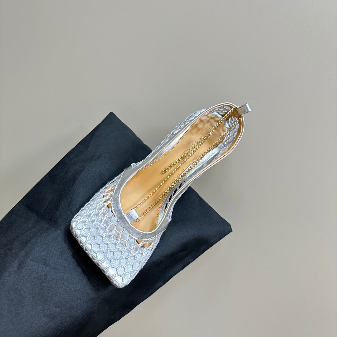 HIGH PUMP 9 CM IN SILVER METALLIZE MESH AND LEATHER - 35