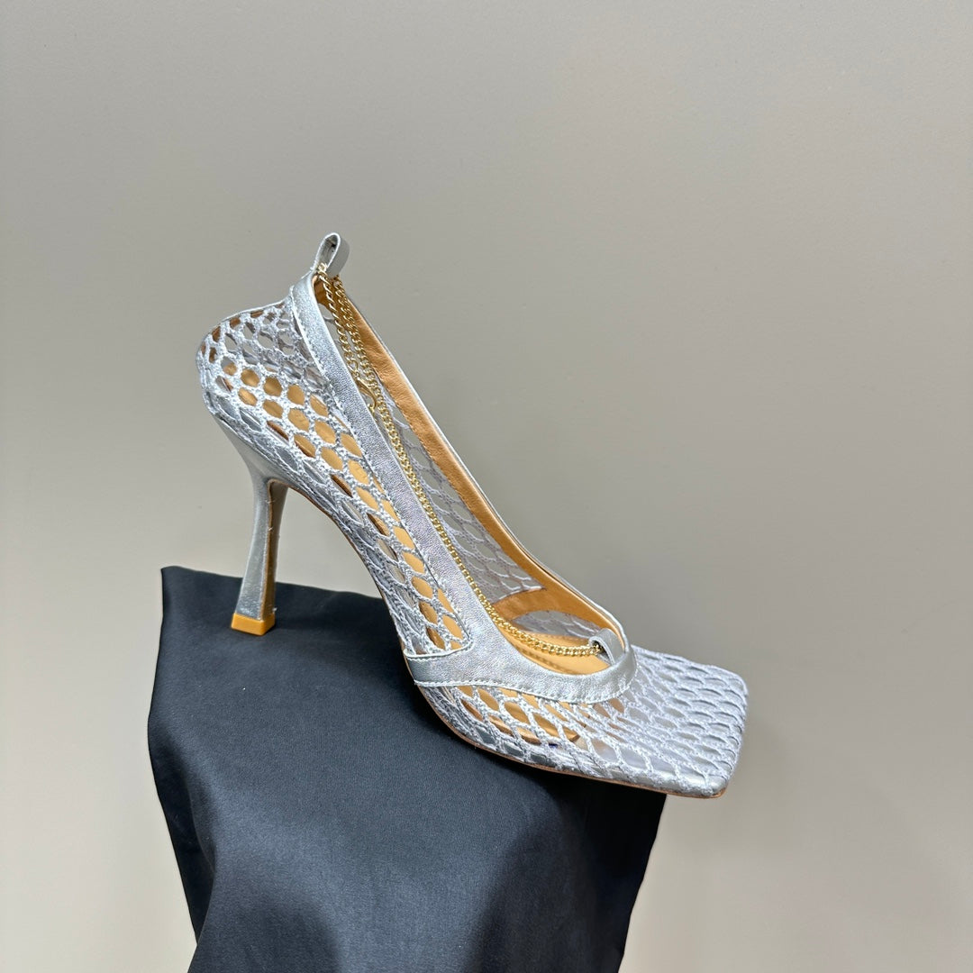 HIGH PUMP 9 CM IN SILVER METALLIZE MESH AND LEATHER - 35